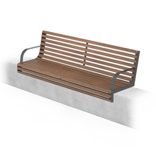 Banc public VITA avec accoudoirs en bois tropical sur muret