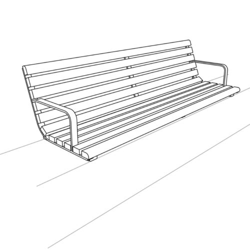 Banc public INOA sur muret en bois tropical, avec accoudoirs