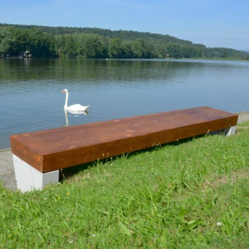 Banquette publique ROBUSTA en bois d'épicéa, 3000mm, piètements béton